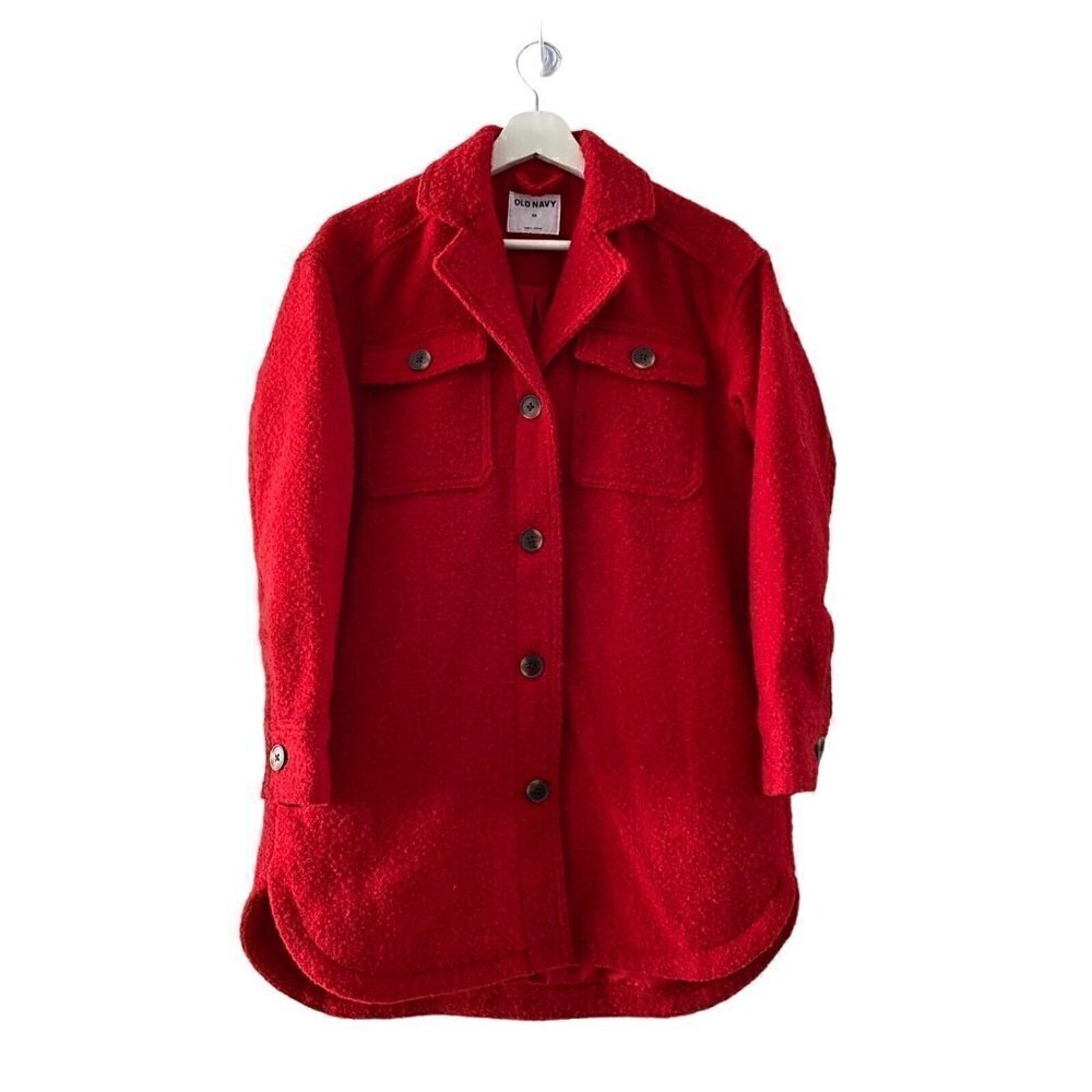 Old Navy Women's Robbie Red Wool Shacket Coat Boucle Button Down Utility Size XS